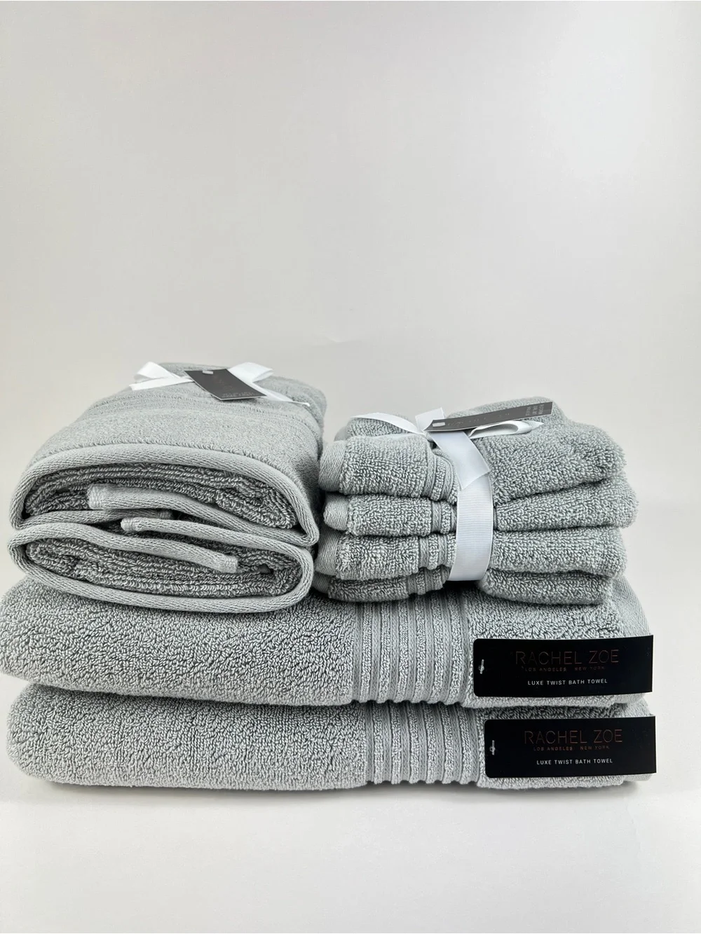 Rachel Zoe Bamboo Bath Towel Set Luxe Twist Gray Plush Cotton Blend 8 Pc NEW
